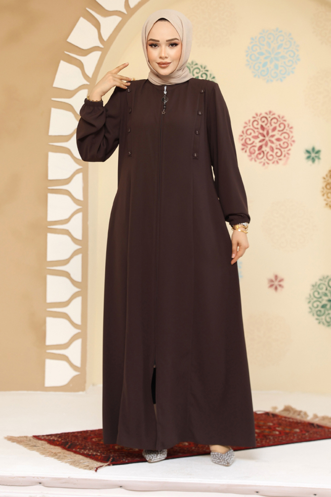 Düğme Detaylı Kahverengi Tesettür Abaya 45304KH - 2