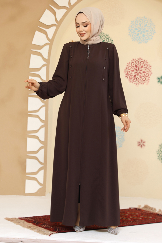 Düğme Detaylı Kahverengi Tesettür Abaya 45304KH - 1
