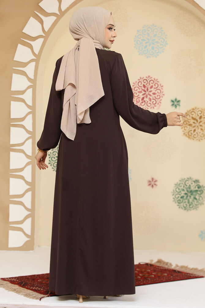 Düğme Detaylı Kahverengi Tesettür Abaya 45304KH - 3