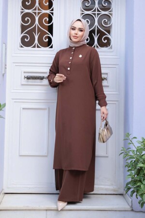 Düğme Detaylı Kahverengi Tesettür İkili Takım 76641KH - 2