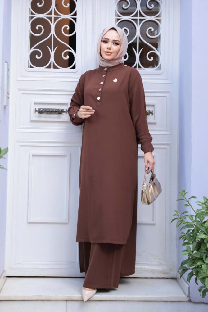 Düğme Detaylı Kahverengi Tesettür İkili Takım 76641KH - 2