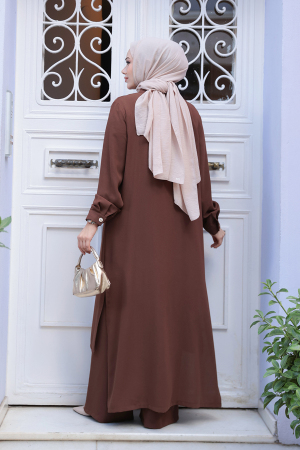 Düğme Detaylı Kahverengi Tesettür İkili Takım 76641KH - 3