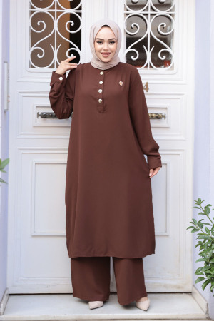 Düğme Detaylı Kahverengi Tesettür İkili Takım 76642KH - 1