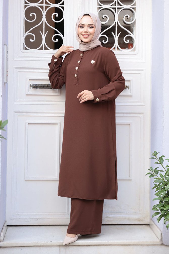 Düğme Detaylı Kahverengi Tesettür İkili Takım 76642KH - 2