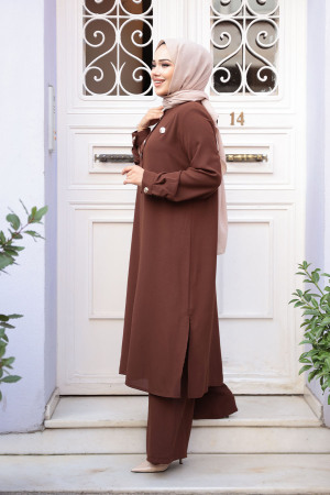 Düğme Detaylı Kahverengi Tesettür İkili Takım 76642KH - 3