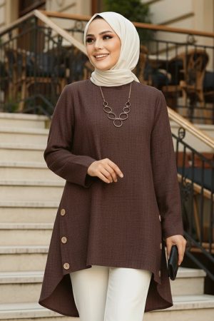 Düğme Detaylı Kahverengi Tesettür Tunik 41281KH - 1