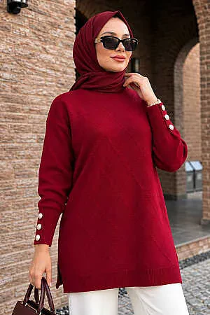 Düğme Detaylı Kırmızı Tesettür Triko Tunik 10941K 