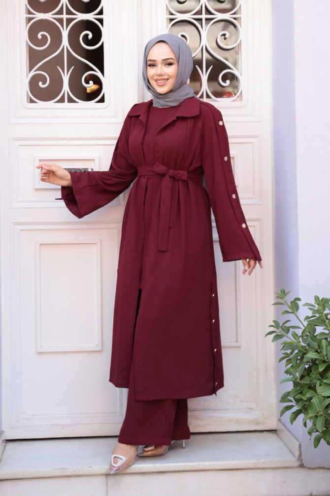 Düğme Detaylı Koyu Bordo Tesettür Üçlü Takım 7677KBR - N.S NEVA STYLE