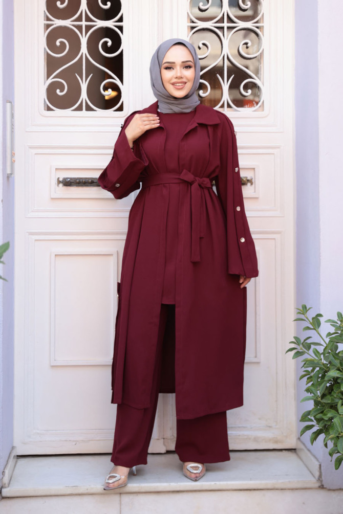 Düğme Detaylı Koyu Bordo Tesettür Üçlü Takım 7677KBR - 2