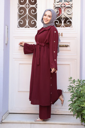 Düğme Detaylı Koyu Bordo Tesettür Üçlü Takım 7677KBR - 3