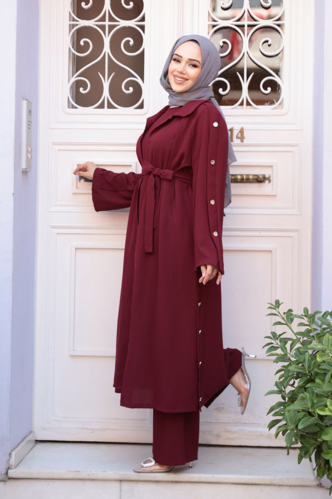 Düğme Detaylı Koyu Bordo Tesettür Üçlü Takım 7677KBR - 3