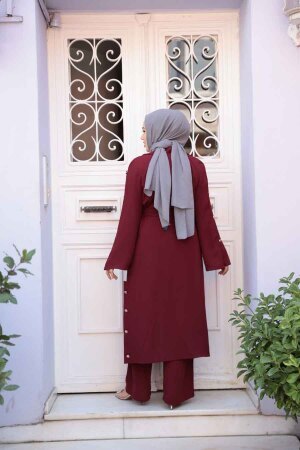 Düğme Detaylı Koyu Bordo Tesettür Üçlü Takım 7677KBR - 4