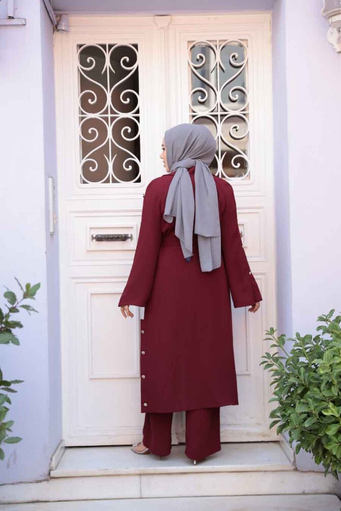 Düğme Detaylı Koyu Bordo Tesettür Üçlü Takım 7677KBR - 4