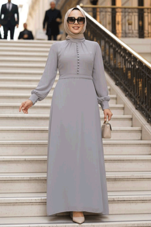 Düğme Detaylı Koyu Gri Tesettür Elbise 2703KGR 