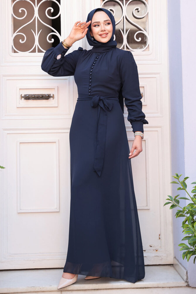 Düğme Detaylı Koyu Lacivert Tesettür Elbise 2703KL - 2