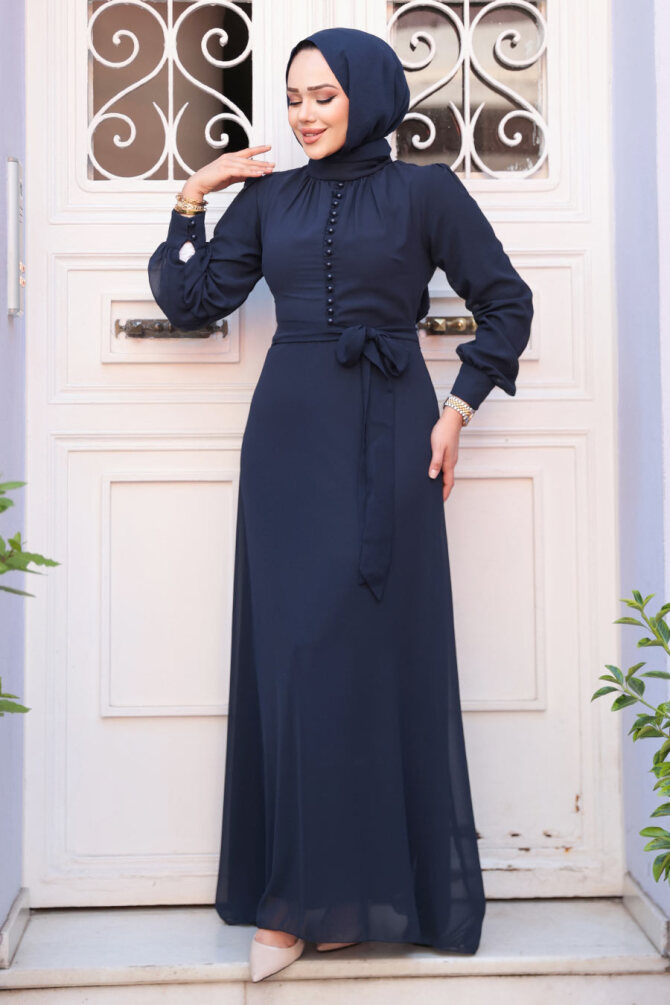 Düğme Detaylı Koyu Lacivert Tesettür Elbise 2703KL - 3