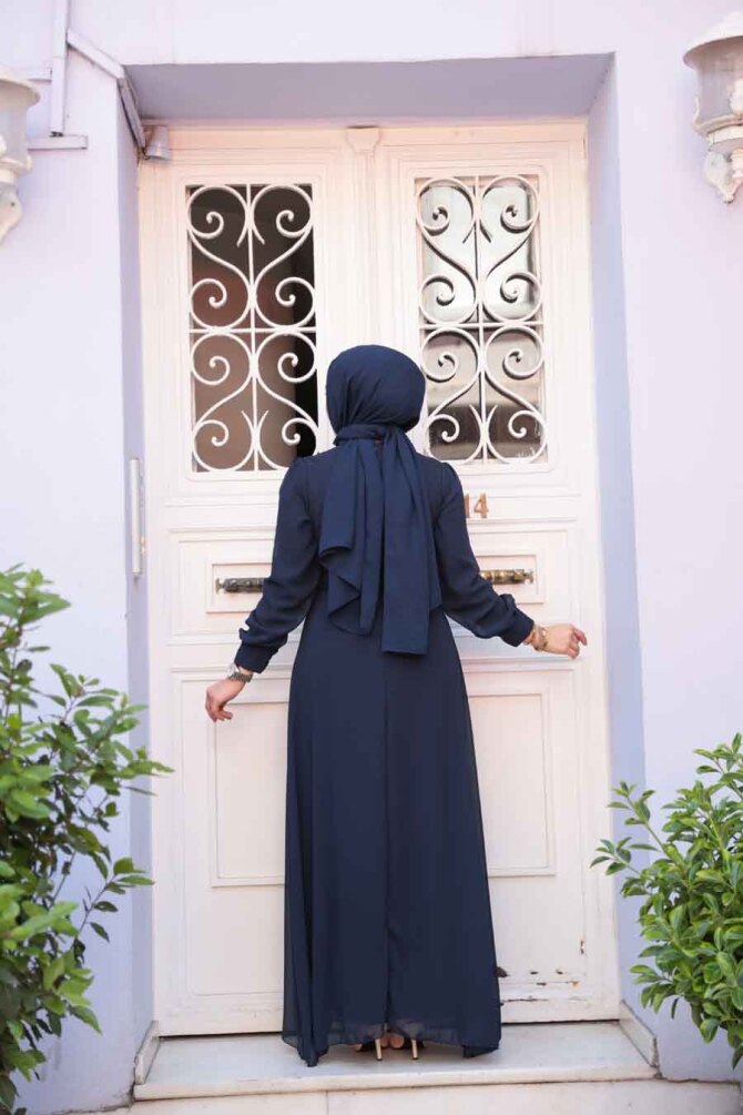 Düğme Detaylı Koyu Lacivert Tesettür Elbise 2703KL - 4
