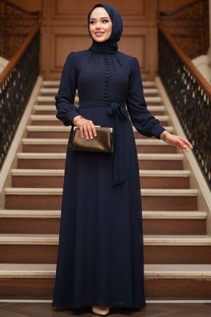 Düğme Detaylı Koyu Lacivert Tesettür Elbise 2703KL - N.S NEVA STYLE