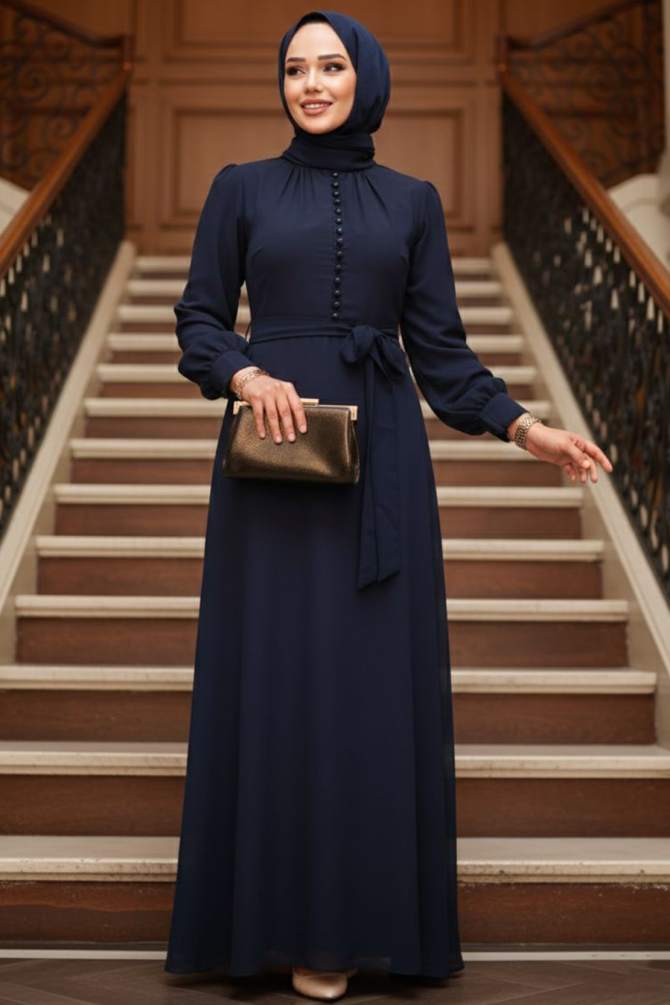 Düğme Detaylı Koyu Lacivert Tesettür Elbise 2703KL - N.S NEVA STYLE