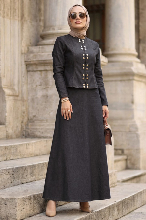 Düğme Detaylı Koyu Lacivert Tesettür Kot İkili Takım 11891KL - N.S NEVA STYLE