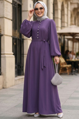 Düğme Detaylı Koyu Lila Tesettür Elbise 10161KLILA - 2