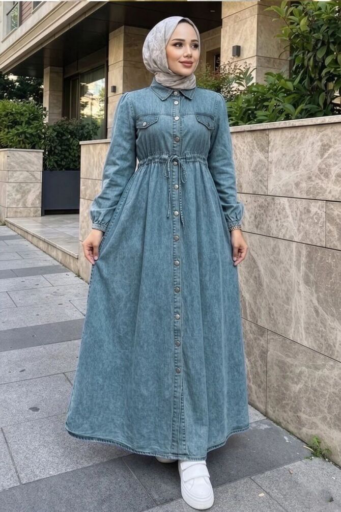 Düğme Detaylı Koyu Mavi Tesettür Kot Elbise 19154KM - N.S NEVA STYLE