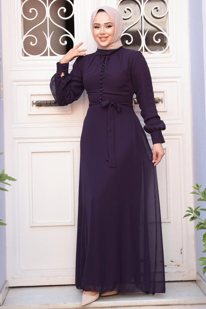 Düğme Detaylı Koyu Mor Tesettür Elbise 2703KMOR - 1