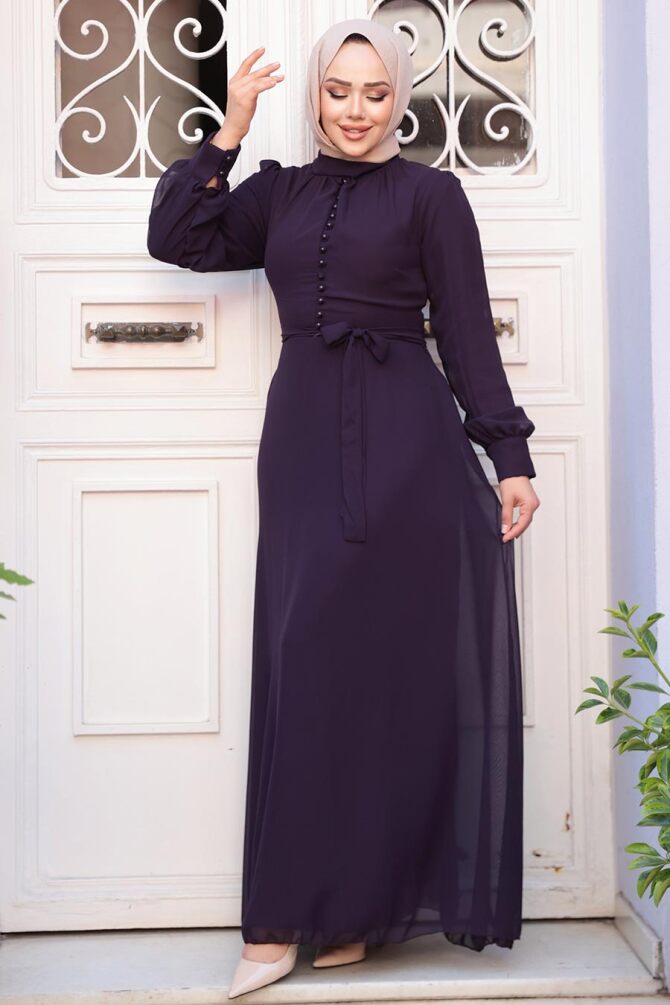 Düğme Detaylı Koyu Mor Tesettür Elbise 2703KMOR - 3