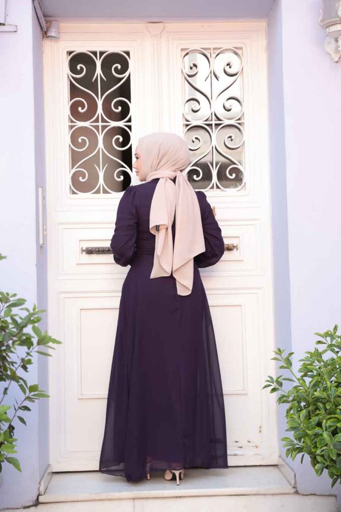 Düğme Detaylı Koyu Mor Tesettür Elbise 2703KMOR - 4
