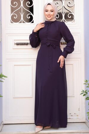 Düğme Detaylı Koyu Mor Tesettür Elbise 2703KMOR - 2