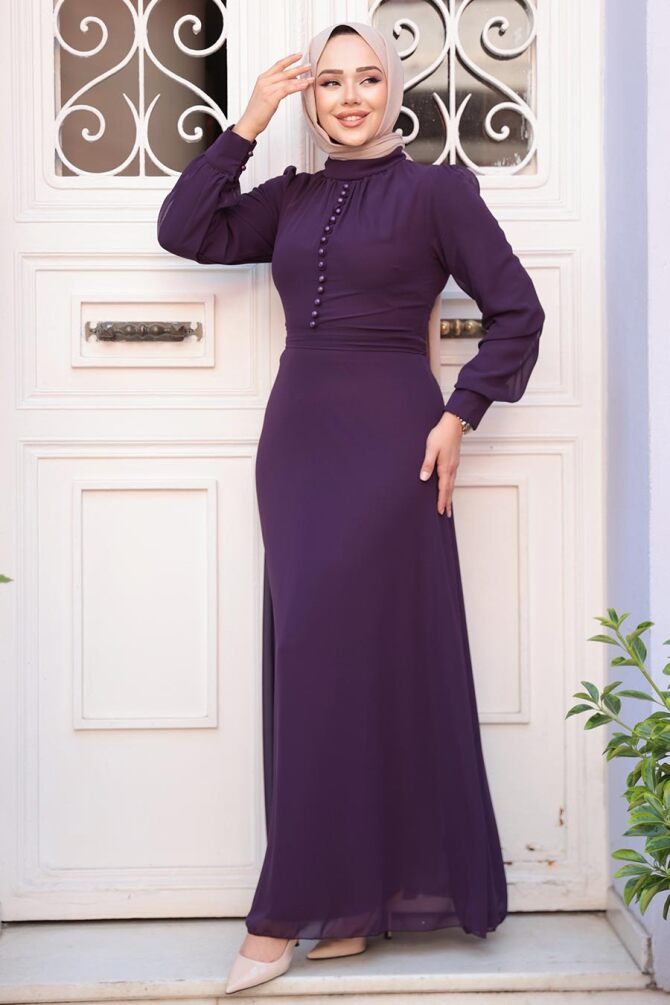 Düğme Detaylı Koyu Mürdüm Tesettür Elbise 2703KMU - 3