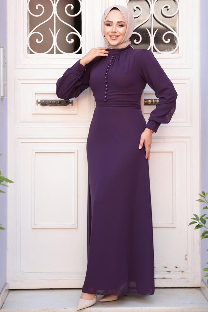 Düğme Detaylı Koyu Mürdüm Tesettür Elbise 2703KMU - 1