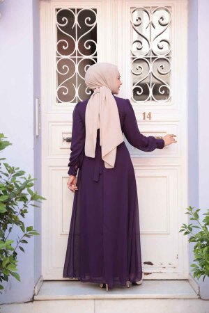Düğme Detaylı Koyu Mürdüm Tesettür Elbise 2703KMU - 4