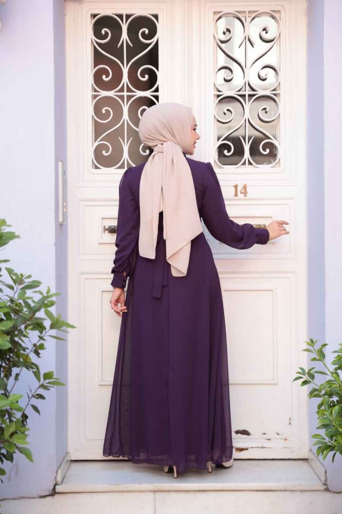 Düğme Detaylı Koyu Mürdüm Tesettür Elbise 2703KMU - 4