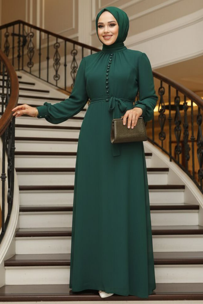 Düğme Detaylı Koyu Yeşil Tesettür Elbise 2703KY - 1