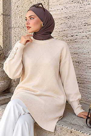 Button-Detail Cream Modest Knit Tunic 10941KR - 1