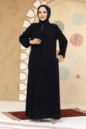 Düğme Detaylı Lacivert Tesettür Abaya 45304L - 2