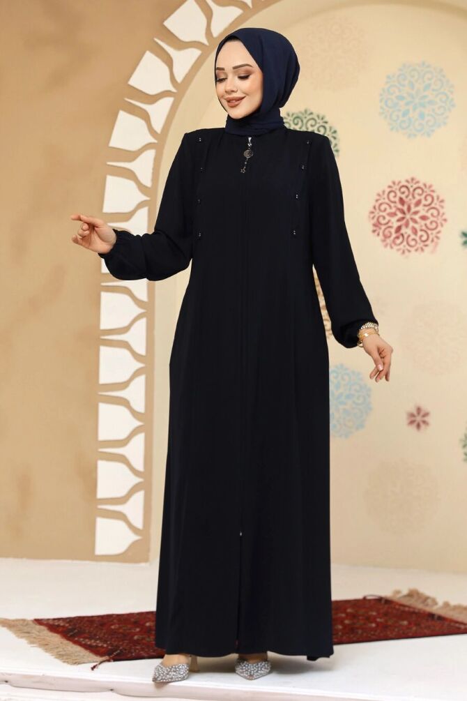 Düğme Detaylı Lacivert Tesettür Abaya 45304L - 1