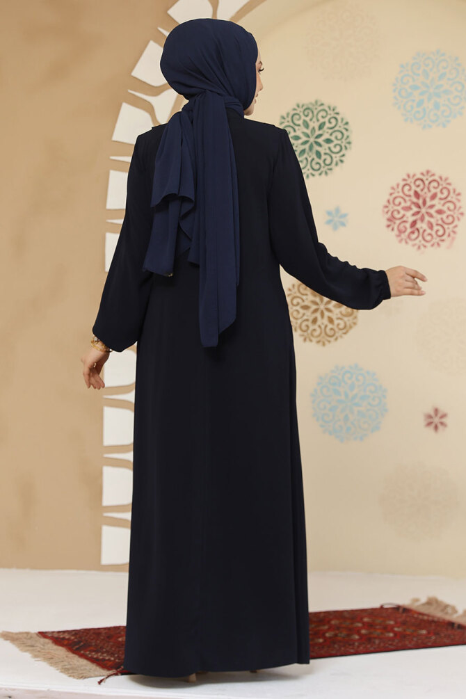 Düğme Detaylı Lacivert Tesettür Abaya 45304L - 4