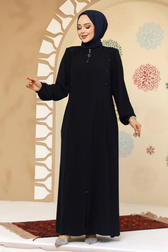 Düğme Detaylı Lacivert Tesettür Abaya 45304L - 1