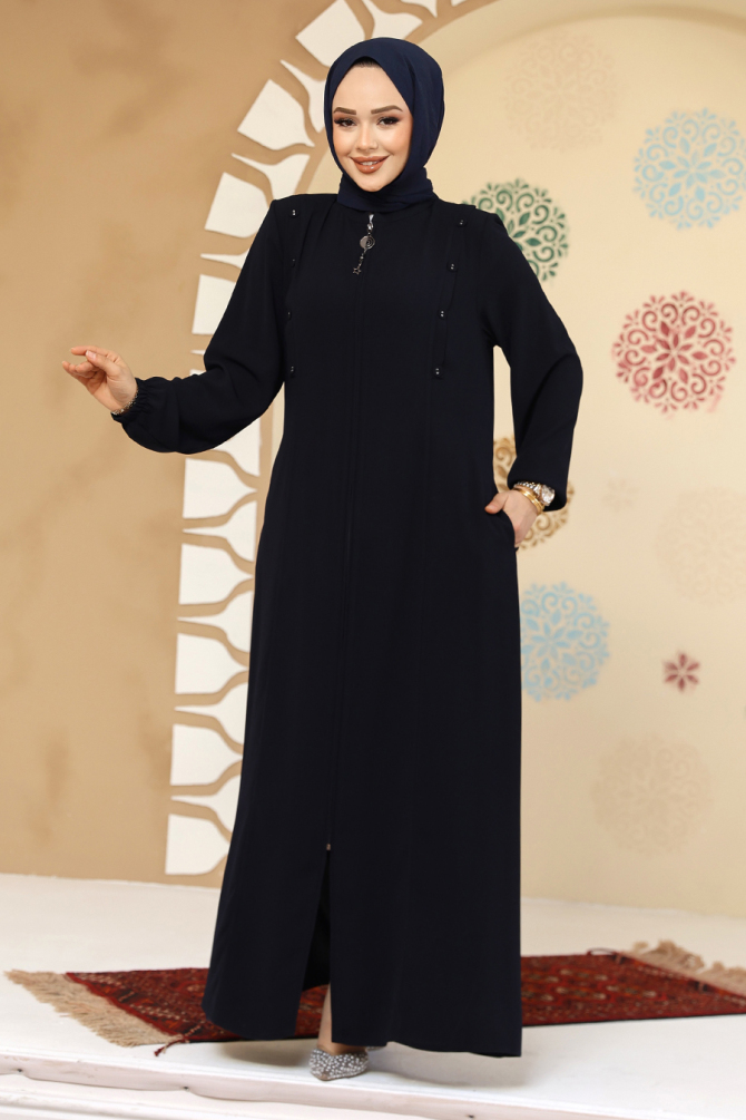 Düğme Detaylı Lacivert Tesettür Abaya 45304L - 3