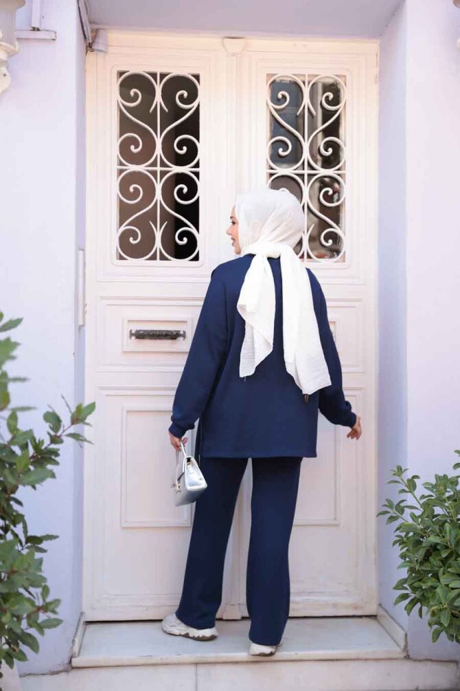 Düğme Detaylı Lacivert Tesettür İkili Takım 13261L - 4