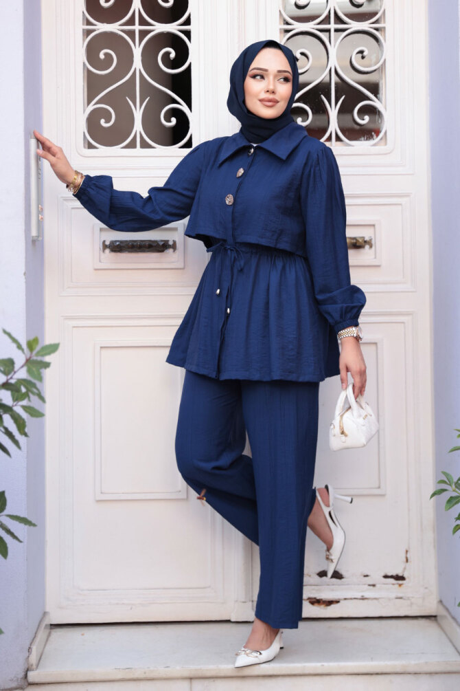 Düğme Detaylı Lacivert Tesettür İkili Takım 40391L - 2