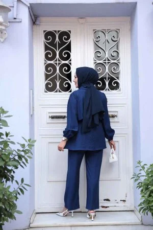 Düğme Detaylı Lacivert Tesettür İkili Takım 40391L - 3