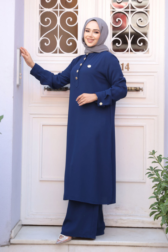 Düğme Detaylı Lacivert Tesettür İkili Takım 76642L - 2