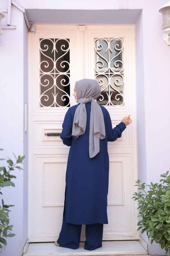 Düğme Detaylı Lacivert Tesettür İkili Takım 76642L - 3