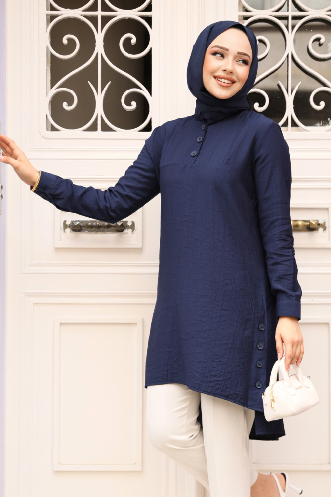 Düğme Detaylı Lacivert Tesettür Tunik 4664L - NEVA STYLE