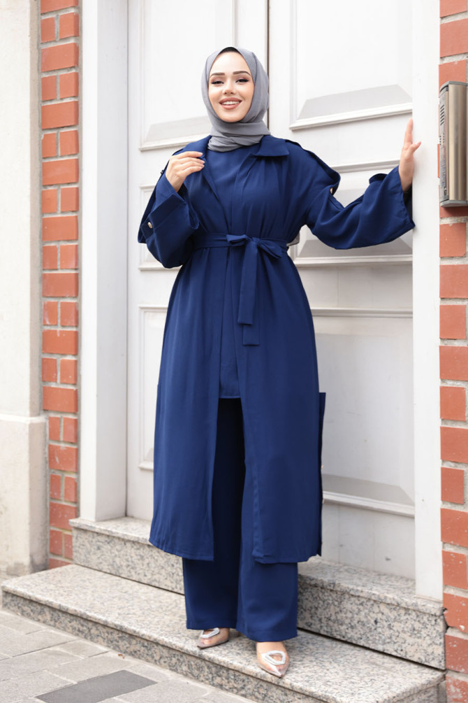 Düğme Detaylı Lacivert Tesettür Üçlü Takım 7677L - 2