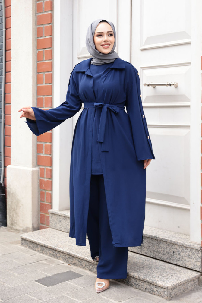 Düğme Detaylı Lacivert Tesettür Üçlü Takım 7677L - 3