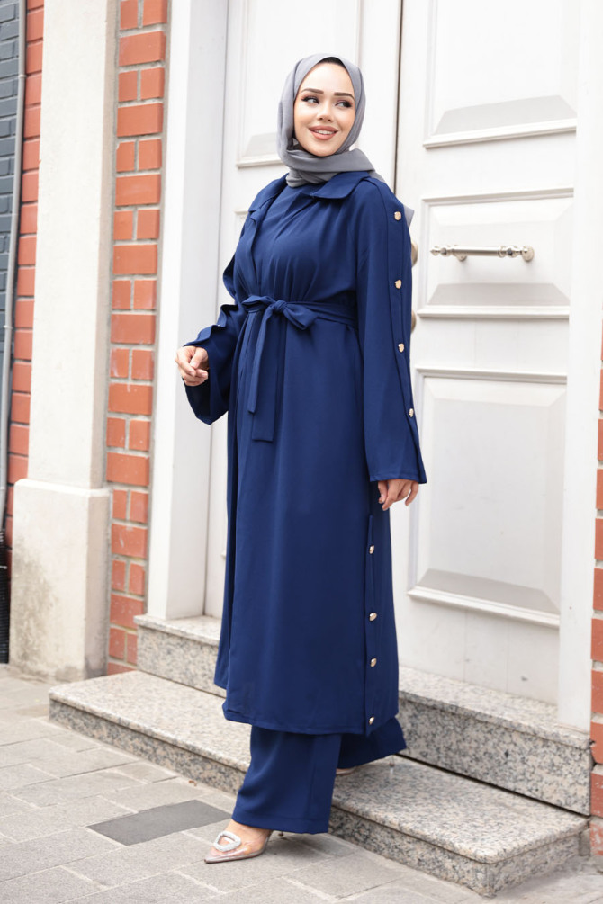 Düğme Detaylı Lacivert Tesettür Üçlü Takım 7677L - N.S NEVA STYLE